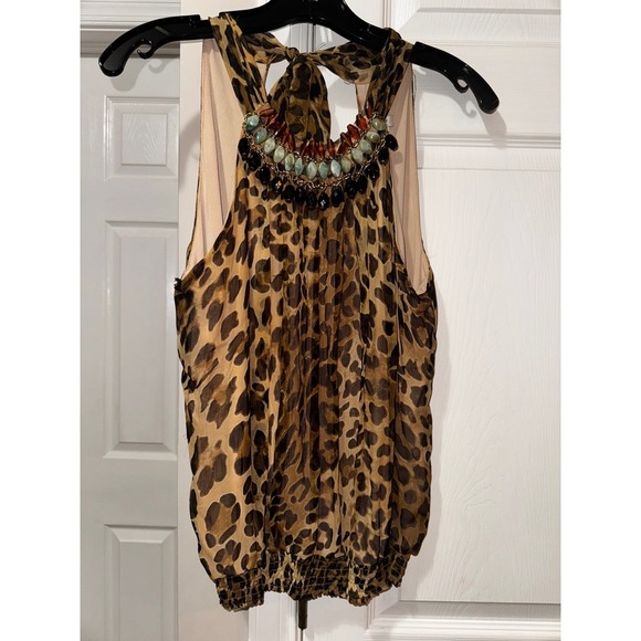 Cache Leopard Print Silk Beaded Halter Top Sleeveless Animal Glam Party M - Picture 1 of 7